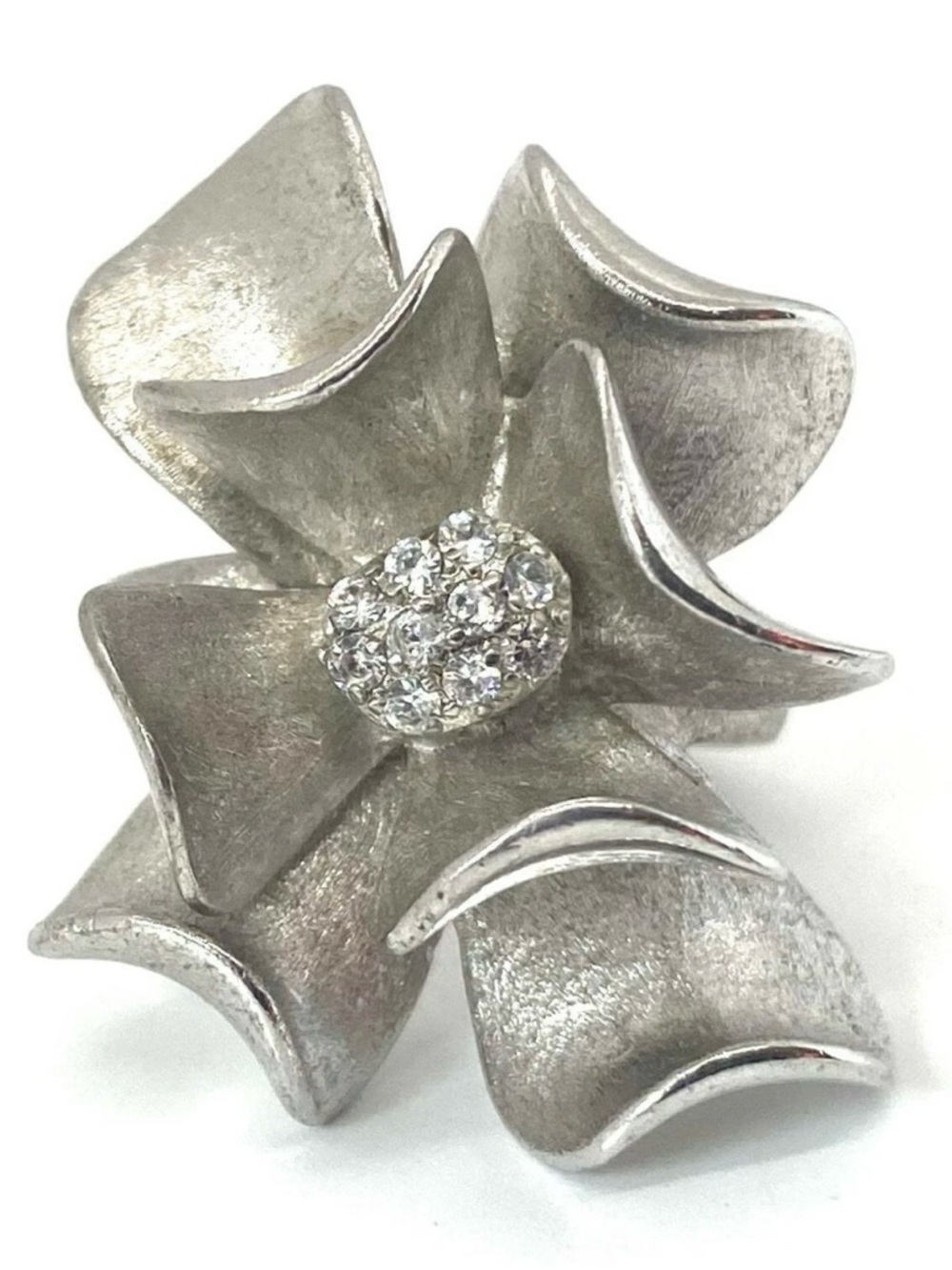 Sterling Silver Floral Statement Ring with Crystal Center